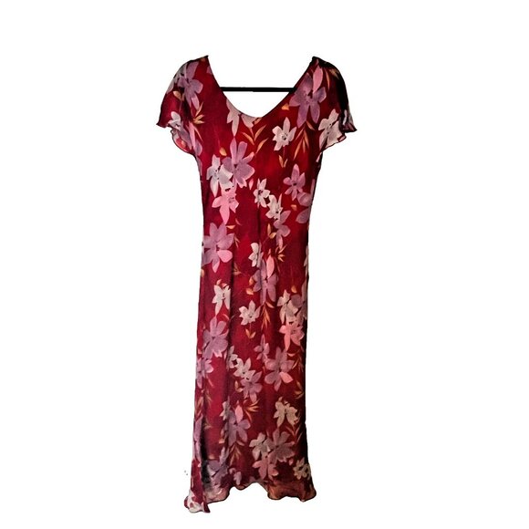 Adrianna Papell 6 Red Floral Silk Flutter Sleeve Midi Dress - Picture 4 of 5